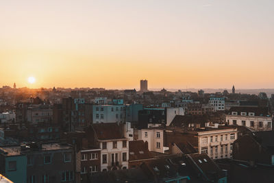 High angle view of townscape against sky during sunset