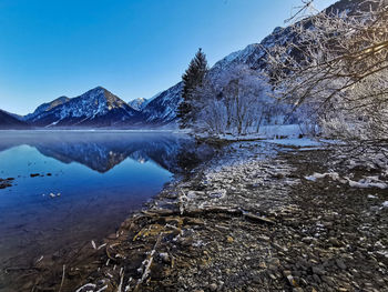 Scenic view of lake by snowcapped mountains against clear sky