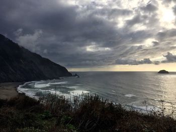 Scenic view of sea against cloudy sky