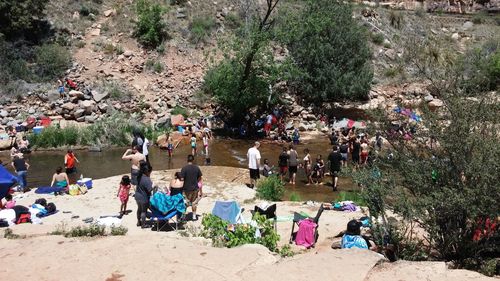High angle view of tourists in park