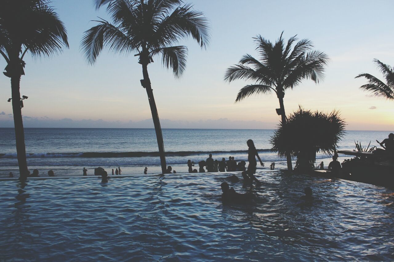 sea, water, horizon over water, palm tree, sunset, silhouette, tree, scenics, tranquility, tranquil scene, beauty in nature, beach, sky, nature, tree trunk, idyllic, shore, incidental people, orange color, vacations