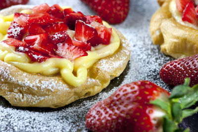 Close-up of strawberry tart on table