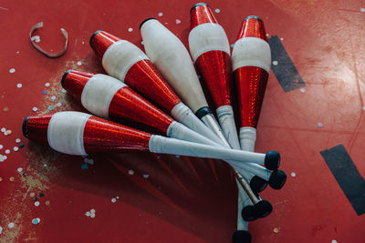 High angle view of various paint on table