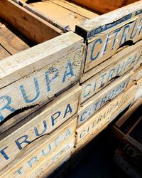 Low angle view of text on wall