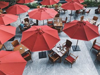 High angle view of umbrellas on table