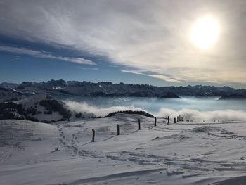 Scenic view of snow covered mountains against sky