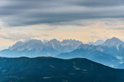 Scenic view of mountains against sky during sunset