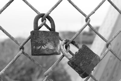 Close-up of padlocks on fence