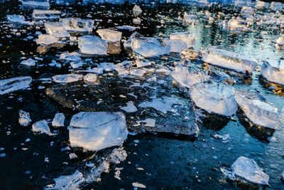 High angle view of snow on rock