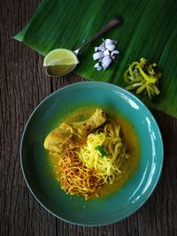 High angle view of food served on table