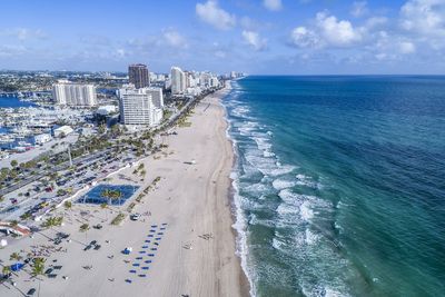 Panoramic view of sea and city against sky