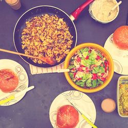 High angle view of food served on table