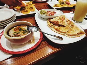 High angle view of food served on table