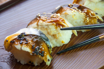 Close-up of sushi in plate on table