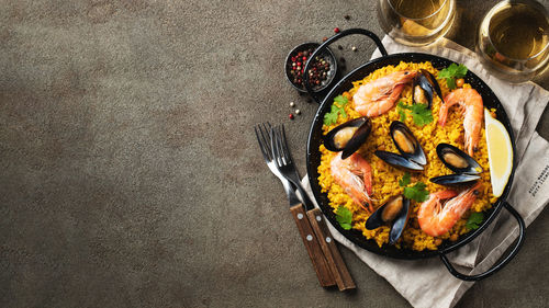 High angle view of food on table