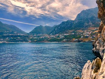 Scenic view of bay against sky