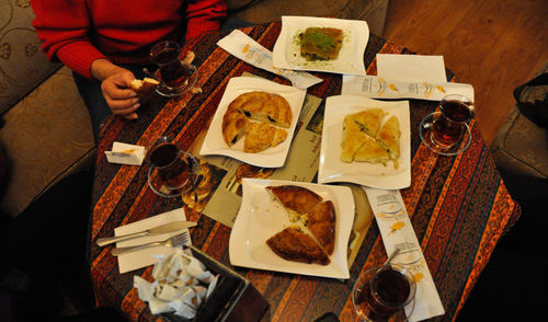 High angle view of meal served on table