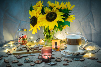 Close-up of sunflowers on table