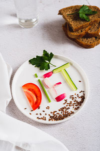 High angle view of food in plate on table