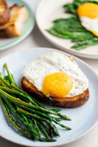 Fried eggs with toasted bread and green asparagus. fast lunch ideas, healthy breakfast, summer food.