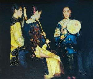 Group of people in traditional clothing at night
