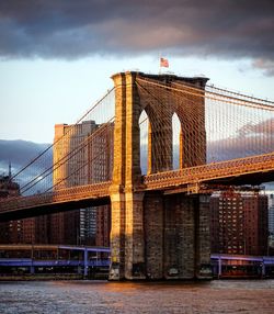 Bridge over river against buildings in city