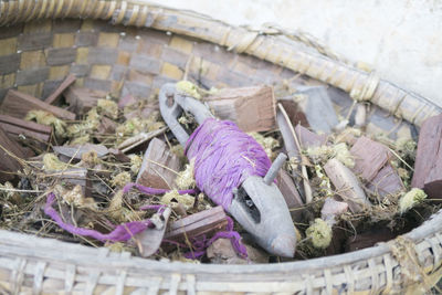 High angle view of purple in basket