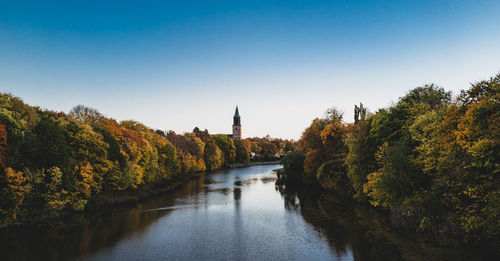Scenic view of river against clear blue sky