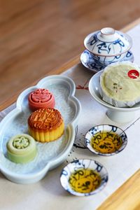 High angle view of cupcakes on table