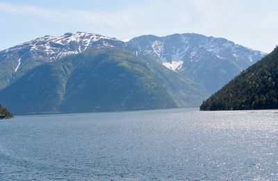 Scenic view of lake by mountains against sky