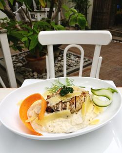 High angle view of food in plate on table