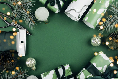 High angle view of christmas decorations on table