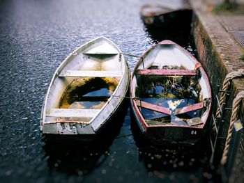 High angle view of boat moored in lake