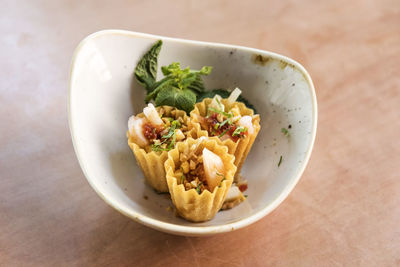 High angle view of food in plate on table