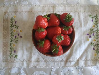 High angle view of strawberries in bowl on table