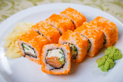 Close-up of sushi served in plate