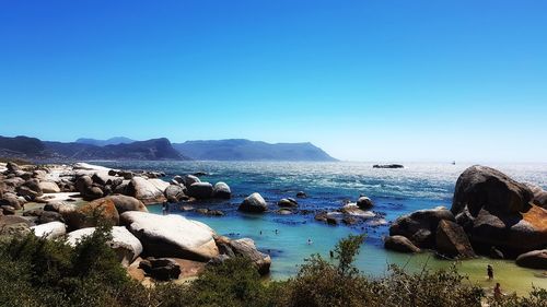 Scenic view of sea against clear blue sky