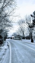 Road by bare trees against sky in city