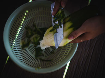 High angle view of person preparing food in kitchen