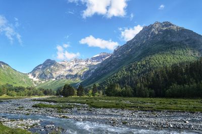 Scenic view of lake by mountains against sky