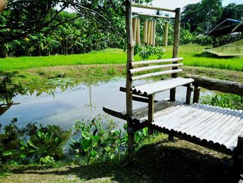 Bench in park by lake