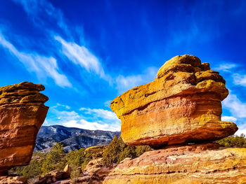 Low angle view of rock formation against sky