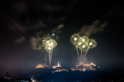 Low angle view of firework display at night