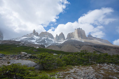 Scenic view of mountains against cloudy sky