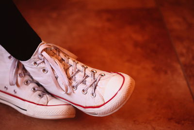 Low section of person wearing canvas shoes on floor