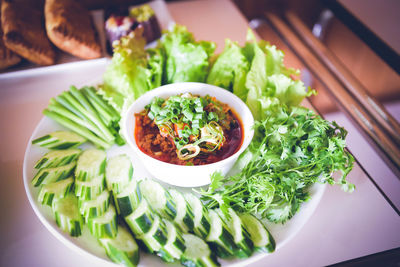 High angle view of meal served in bowl
