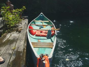 High angle view of red boat in water