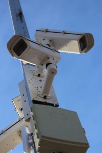 Low angle view of tower against clear blue sky