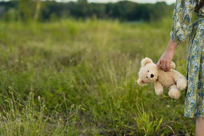 Cropped image of woman holding teddy bear while standing on field