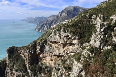 Scenic view of sea and mountains against sky